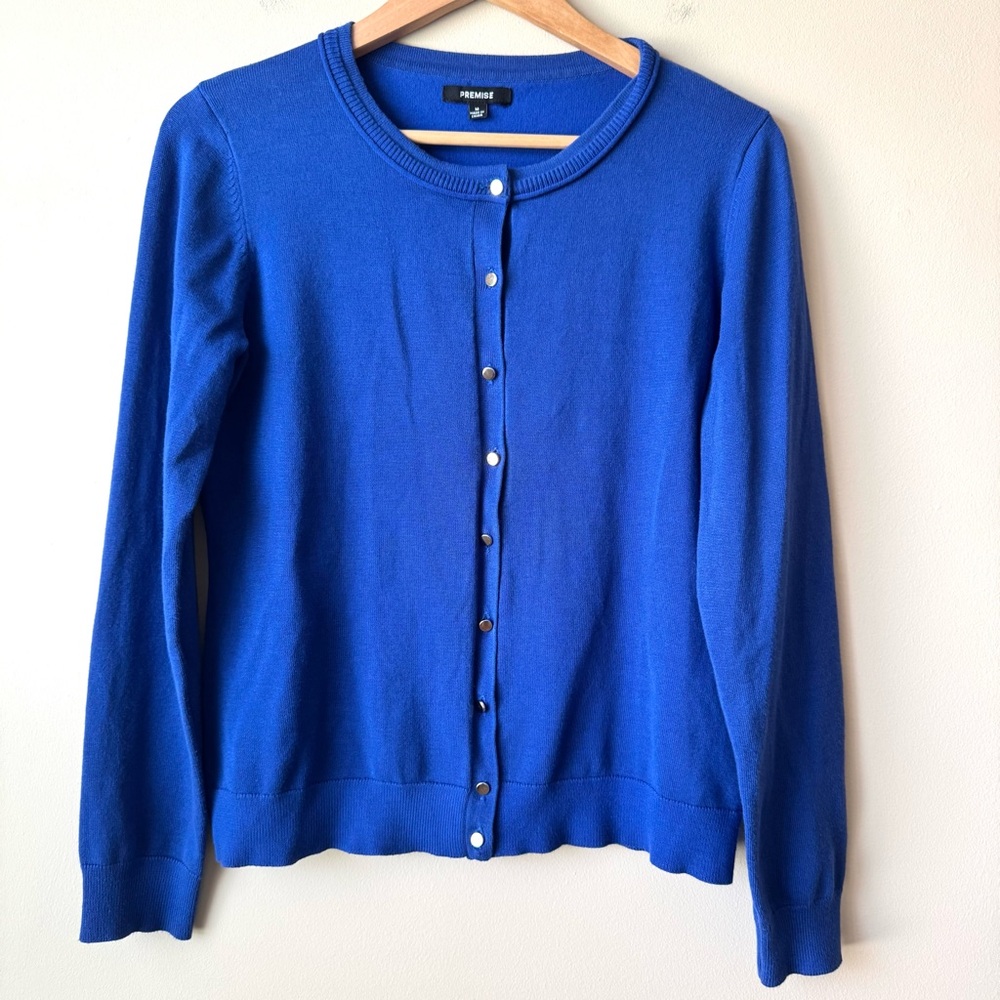 Premise Blue Cardigan Sweater Classic Knit. Long sleeves, silver buttons. Size M